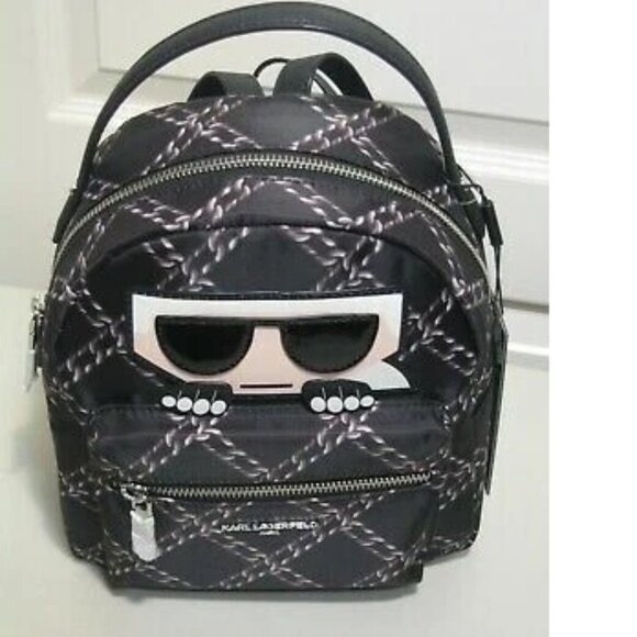 Karl Lagerfeld Paris Mini Backpack Amour Nylon Black Chain Print NWT